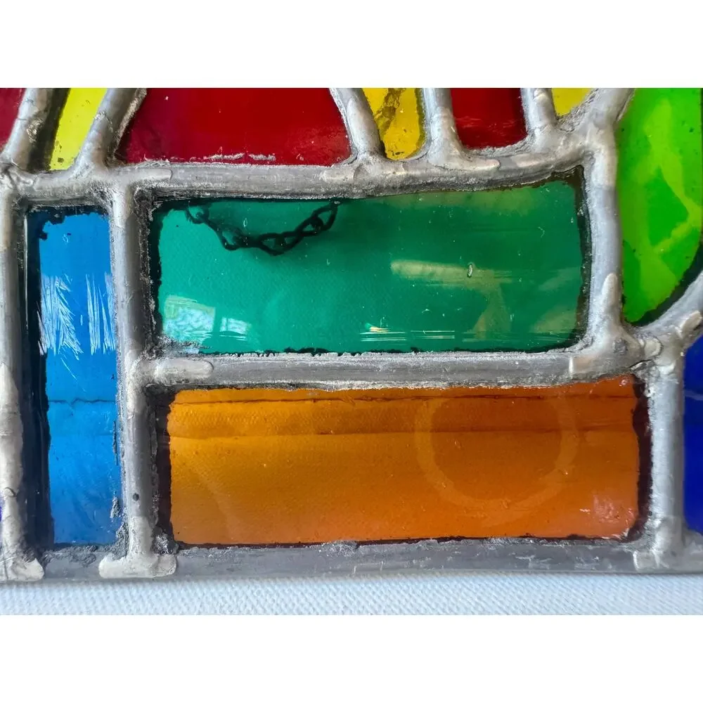 Vintage Leaded Stained Glass Window Panel Art Deco Style Geometric Hanging